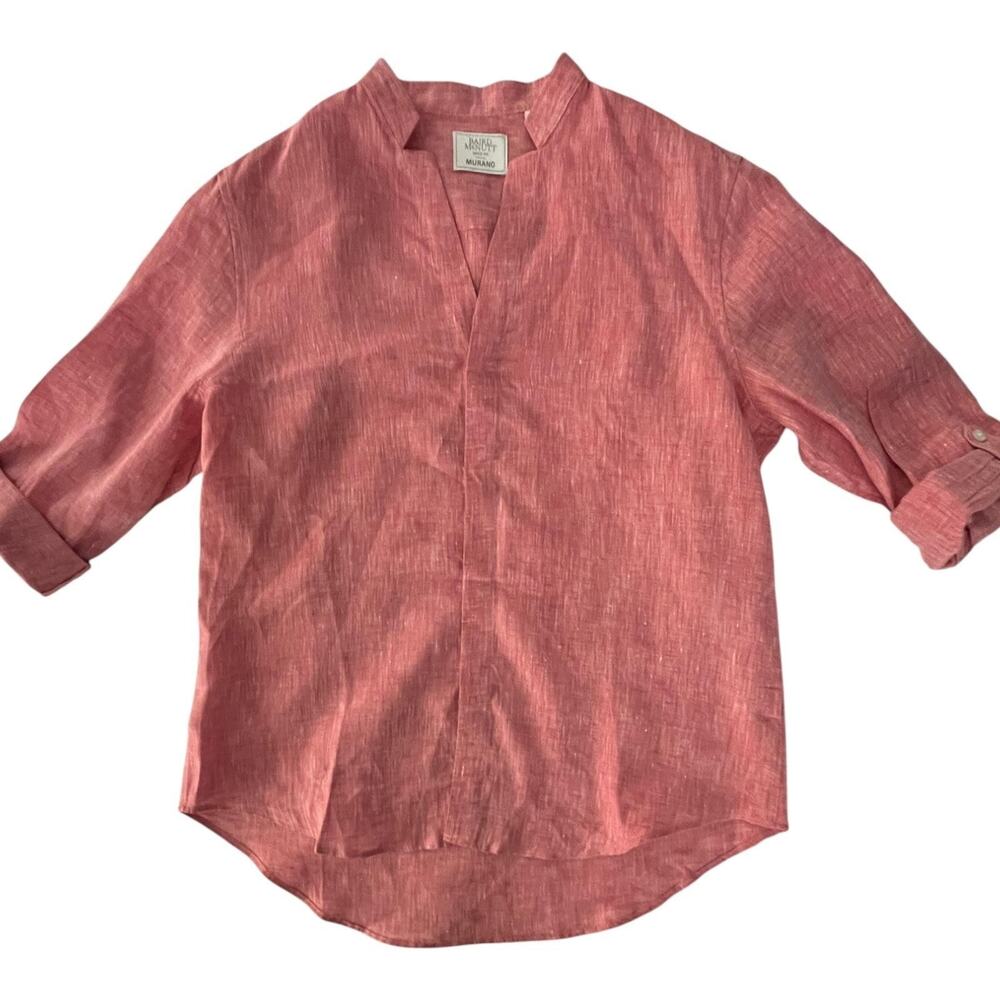 Baird McNutt Blouse Womens M Pink Tunic V-Neck Roll Tab 3/4 Sleeve Relaxed